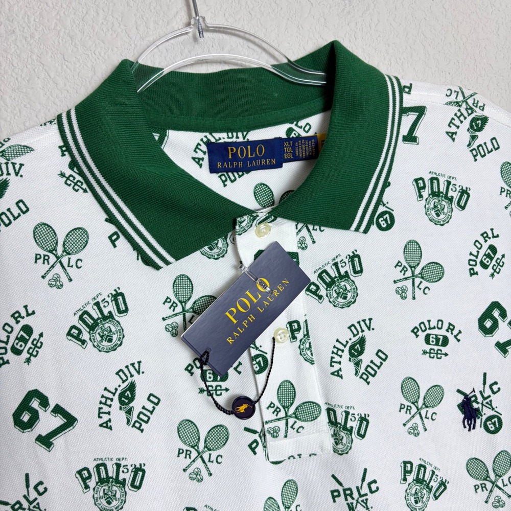 NEW Polo Ralph Lauren Mens XLT TALL White Green Tennis Graphic Print Polo Shirt